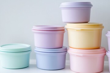 Stackable pastel food storage containers with airtight lids, arranged neatly on white 
