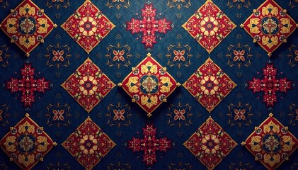 Geometric damask, repeating diamond & crest shapes, style, graphic, vector