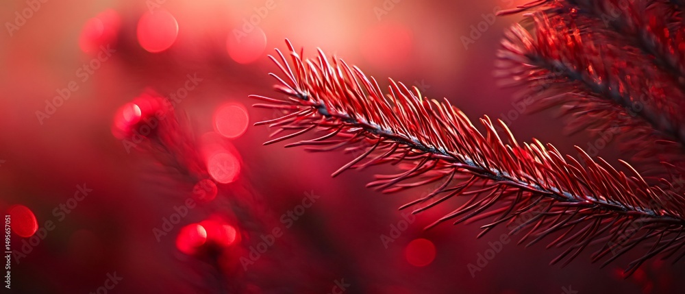 Poster close-up of a red pine branch with bokeh background.