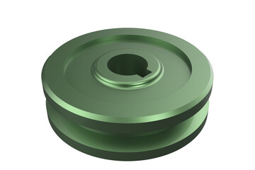  single-grooved industrial pulley or roller in a metallic green finish. Featuring a central bore with a keyway, this mechanical component is designed for precisely on a PNG Transparent Background