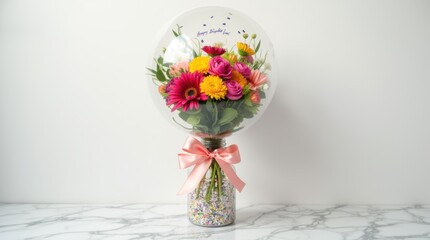 Vibrant Birthday Bouquet in a Transparent Balloon
