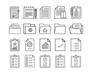 Document and Paper vector line icon set. Contains linear outline icons like File, Page, Legal Document, Folder, Receipt, Message, Form. Editable use and stroke for Infographic, Web, Print.