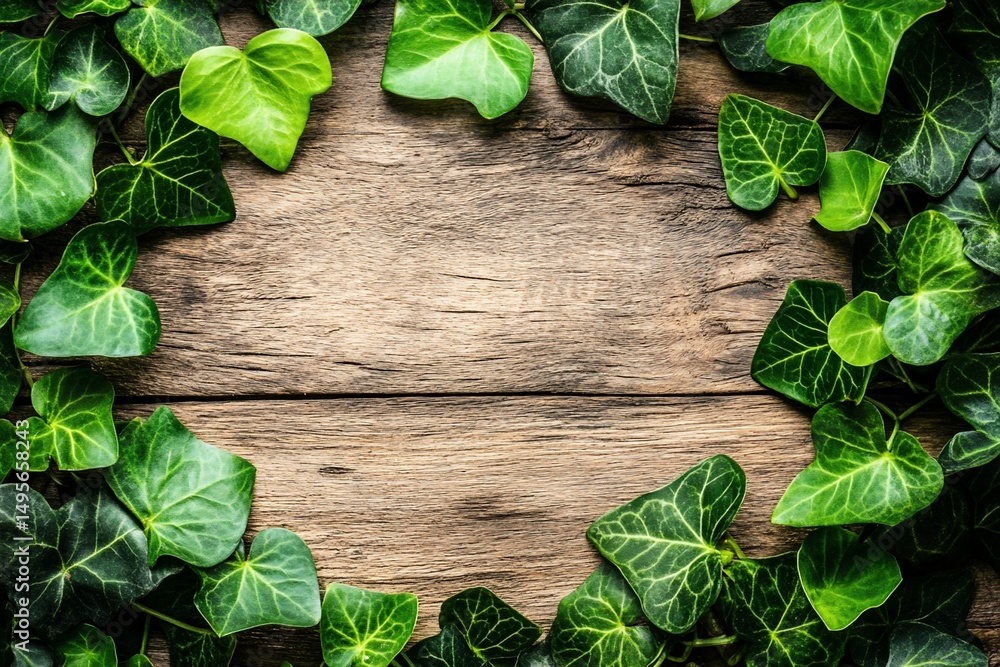 Poster lush green ivy leaves create a frame around a rustic wooden background, offering space for text or d