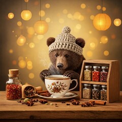 A baby bear in a cord hat peeks into a teacup beside a spice rack near lanterns swaying in warm evening winds.