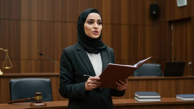 A lawyer delivers an argument in a courtroom while holding notes and addressing the audience