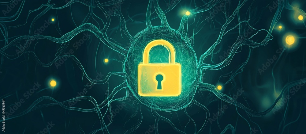 Poster cybersecurity concept glowing padlock secured within a neural network.