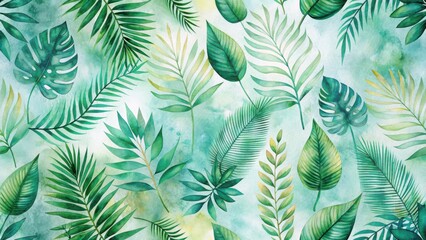 Vibrant Watercolor Tropical Foliage Seamless Pattern Featuring Lush Green Leaves and Branches on a Soft Aqua Background Ideal for Textile Prints, Wallpapers, and Decorative Projects