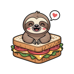 cute sloth in sandwich vector illustration isolated on white background, fast food item