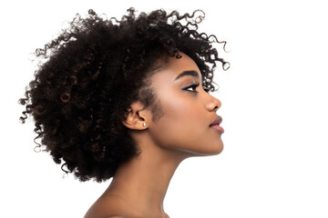 side view portrait of a young black woman with curly hair isolated on white or transparent png