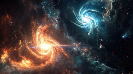 Cosmic dance of contrasting galaxies, vibrant interstellar collision artwork