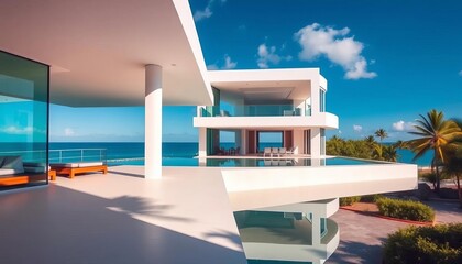 Sleek white villa, infinity pool, open balcony, tropical setting, clean, ocean