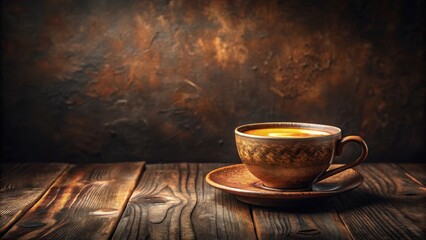 Obraz premium Aromatic Coffee in Rustic Earthenware Cup on Weathered Wooden Table