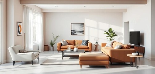 Soft, natural light illuminates a modern living room, featuring mocha mousse-toned furniture and accents against a neutral backdrop , empty room, modern