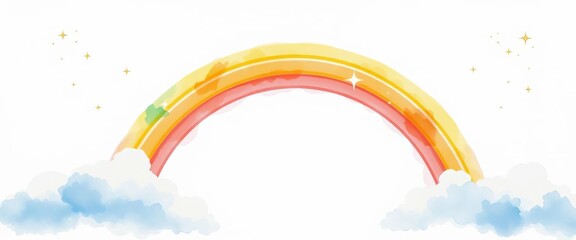 Soft watercolor rainbow arc, fluffy clouds, scattered stars on white, celestial, art
