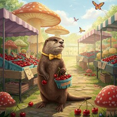 A plump otter in a yellow bowtie buys cherries beside pastel mushroom stalls beneath butterfly kites fluttering in the early morning sun.