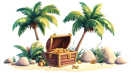 Obraz premium Tropical island with open treasure chest, palm trees and rocks. Vector cartoon illustration isolated on white background