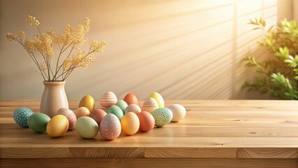 Obraz premium Pastel Easter Eggs and Dried Flowers on Wooden Table