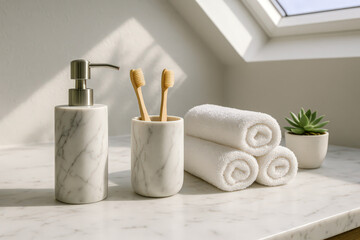 Modern Bathroom Counter with Marble Accessories and Natural Light
