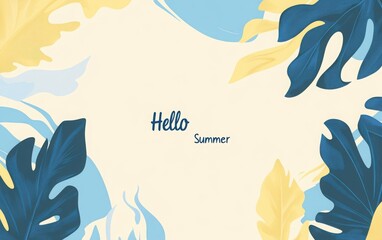 Summer background with palm leaves and beach, flat design vector illustration poster or banner template for summer vacation concept