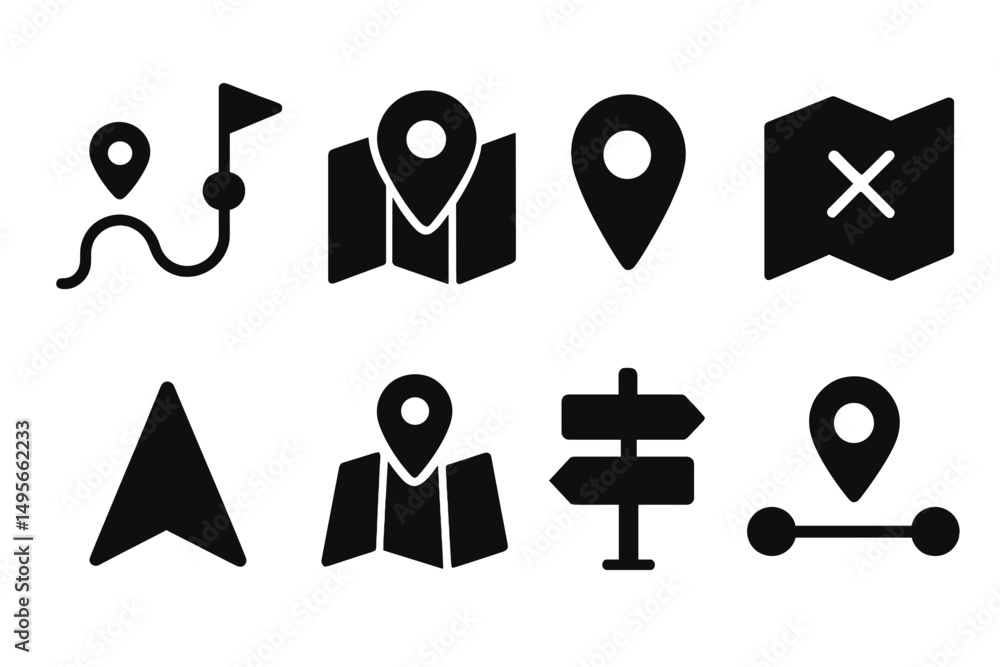 Poster collection of navigation and map icons demonstrating various location indicators and guiding symbols