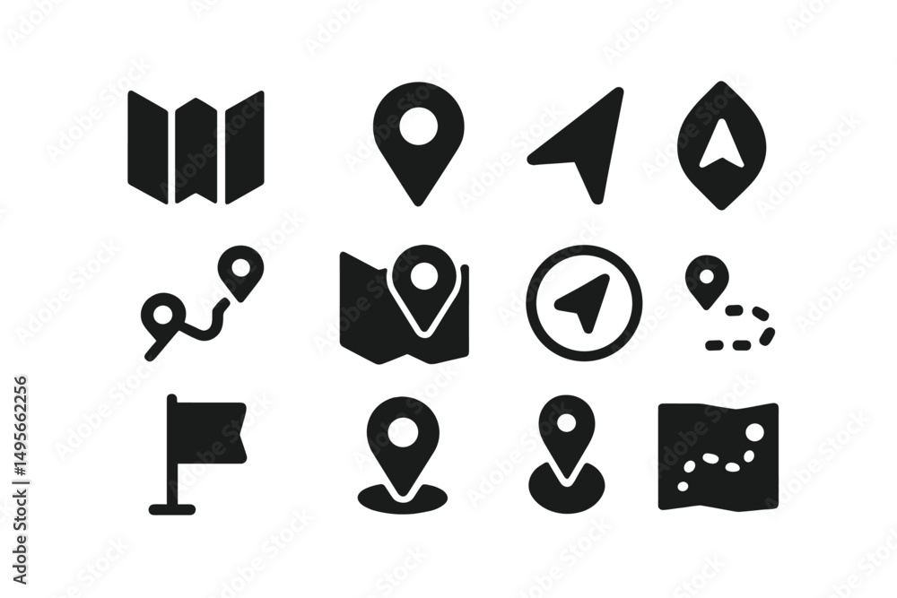 Leinwandbilder black and white icons depicting navigation elements suitable for map applications and travel guides