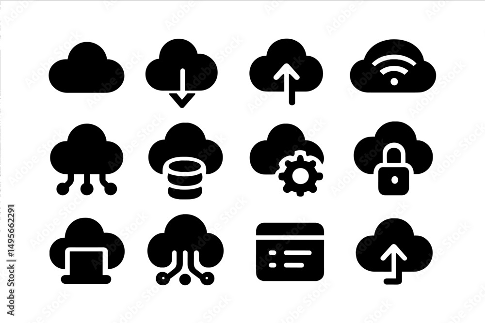 Poster cloud computing icons illustrating data transfer, storage, and security concepts in a modern digital