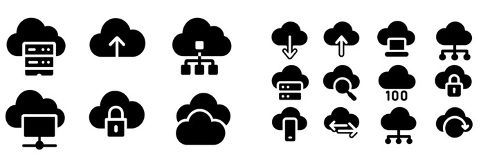 Cloud computing icons representing various functionalities and actions in digital environments for online services and storage