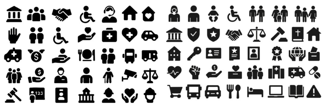 Collection of diverse icons representing community services, healthcare, legal aid, and support activities for social welfare programs