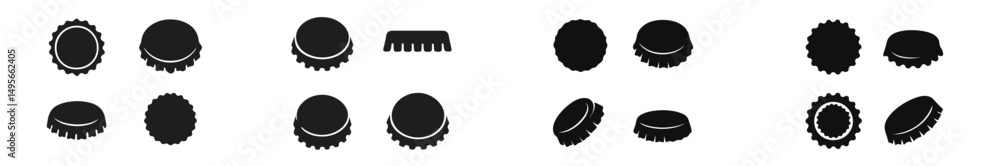 Aufkleber various bottle cap designs in black silhouette showcasing unique shapes and patterns on a white back