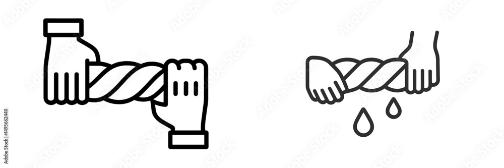Poster Hands twisting rope in teamwork and collaboration concept in simple line art style