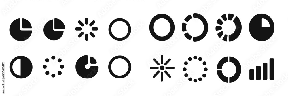Poster collection of diverse black loading and progress icons showcasing various shapes and designs for int