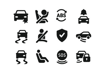 Various car safety and warning symbols on a white background used for driver assistance and vehicle safety guidance