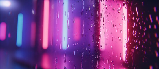 Rain-streaked window with vibrant neon lights.