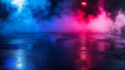 Naklejka premium Vibrant Neon Lights Reflecting on Wet Asphalt with a Searchlight in an Urban Setting