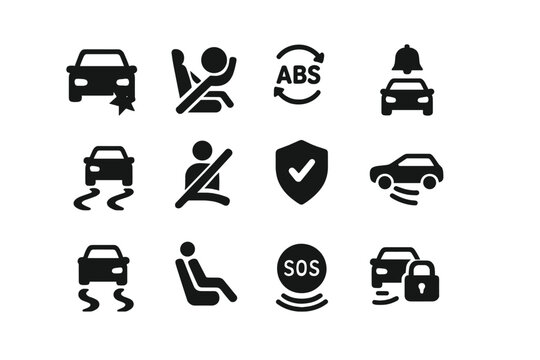 Various car safety and warning symbols on a white background used for driver assistance and vehicle safety guidance