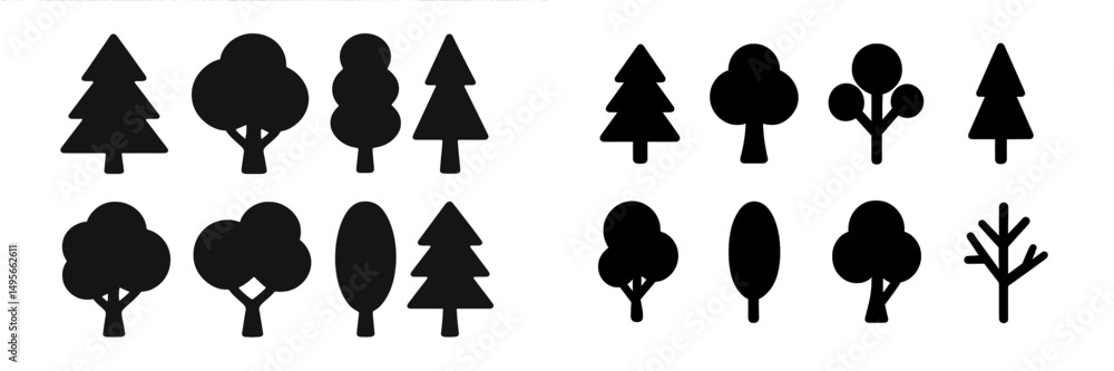 Poster various tree silhouettes showcasing a range of shapes and sizes, perfect for nature-themed designs a