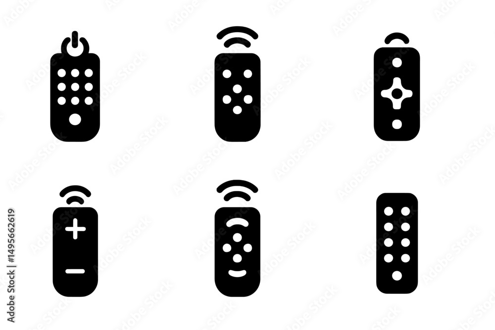 Fototapete collection of remote control icons in simple black design showcasing various button layouts and feat