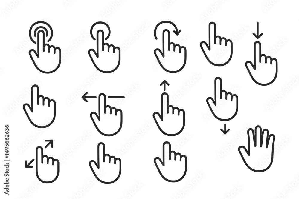 Poster gesture illustrations showing various finger movements and actions for touch screen interaction in d