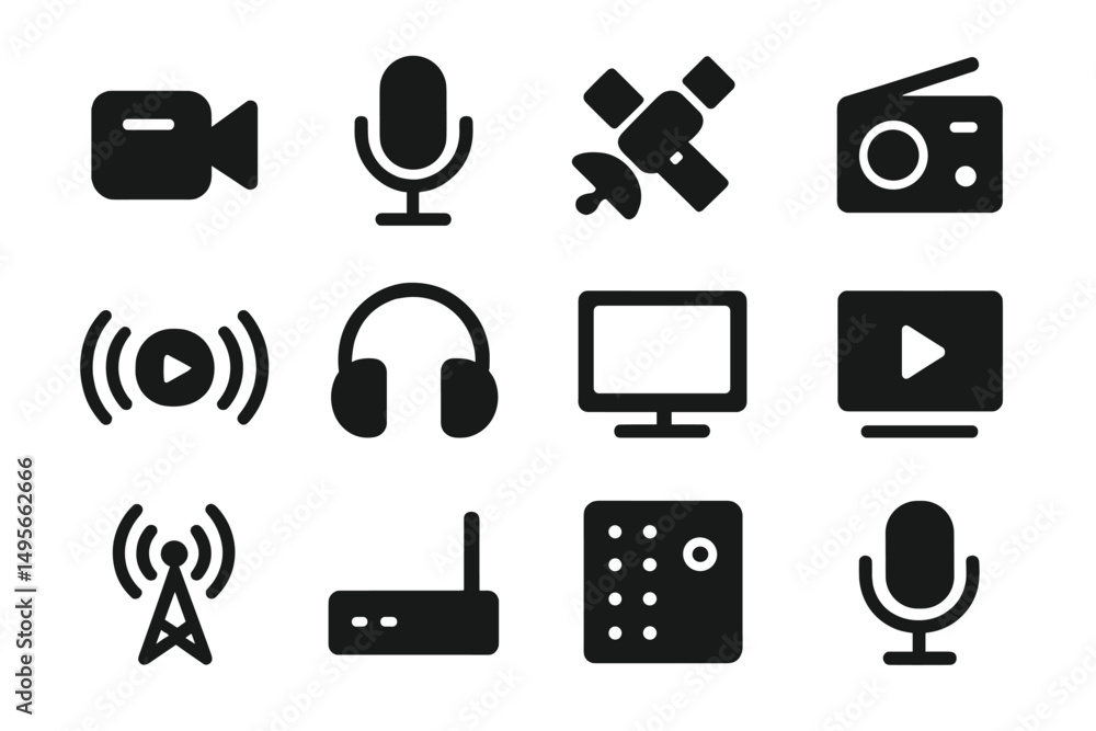 Poster Digital communication tools displayed as icons highlight various media technologies for modern broadcasting and content creation