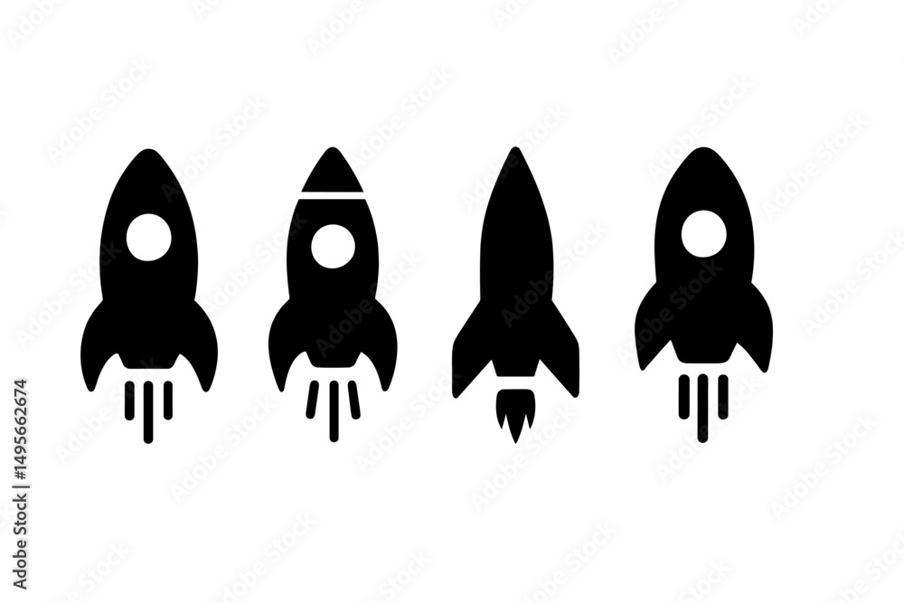 Poster various rocket designs launching into space, showcasing different styles and features in a single fr