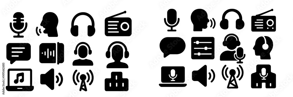 Poster variety of audio and communication icons depicting different media formats and tools for broadcastin