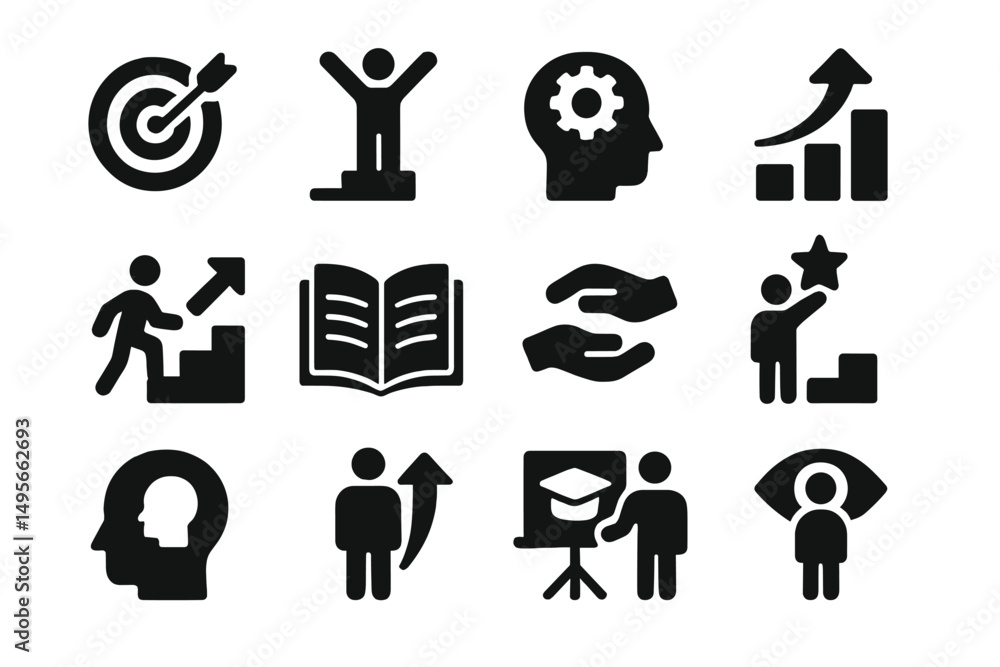 Poster illustration of various success and learning concepts depicted through icons and symbols in black an