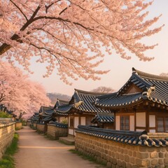 Fototapeta premium Serene Cherry Blossom Pathway with Traditional Korean Houses