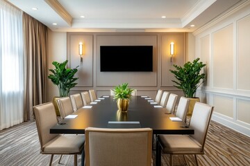 Conference Room with Large Table, Sixteen Chairs and Television Screen Display