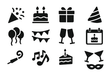 Naklejka premium Colorful celebration icons featuring cakes, balloons, and gifts for special occasions and parties