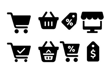 Collection of black and white shopping icons featuring carts, baskets, tags, and a storefront design