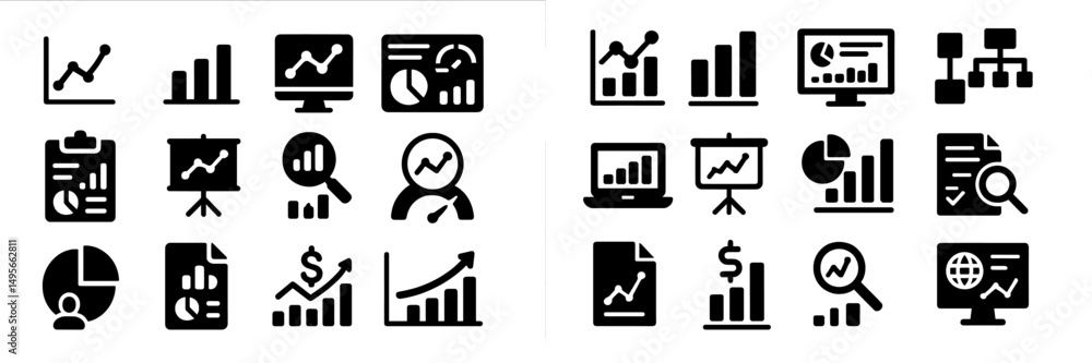 Poster different black and white icons representing data analysis and business metrics displayed on a simpl
