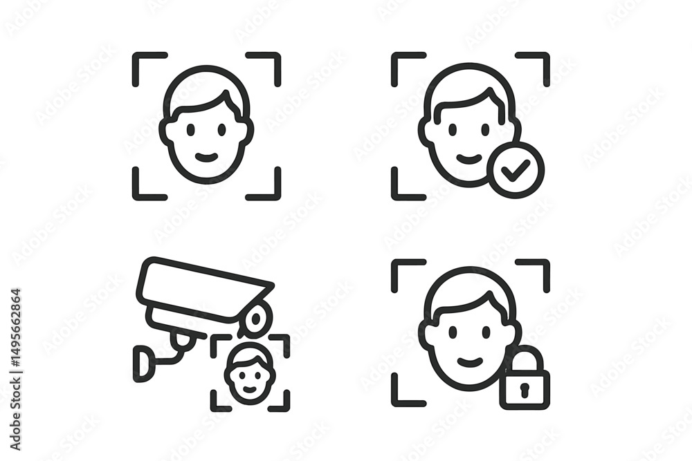 Poster digital security icons representing facial recognition technology in various contexts