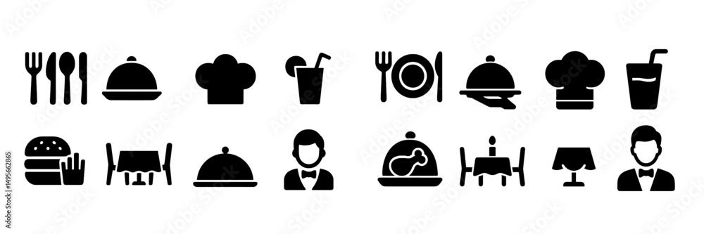 Aufkleber culinary icons representing dining experiences in a restaurant setting with various food items and s