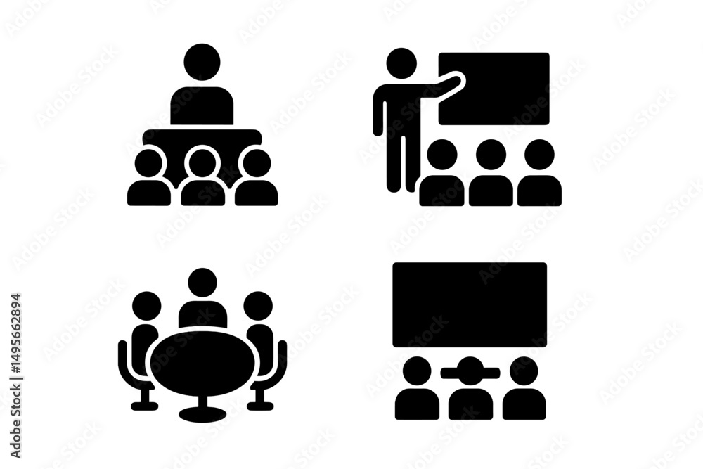 Poster Symbols representing various meeting formats in a corporate environment showcasing presentations and group discussions at a conference